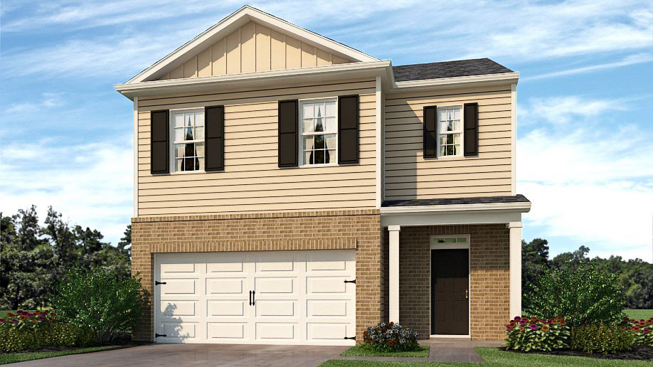 Exterior beige two-story home with stone detailing