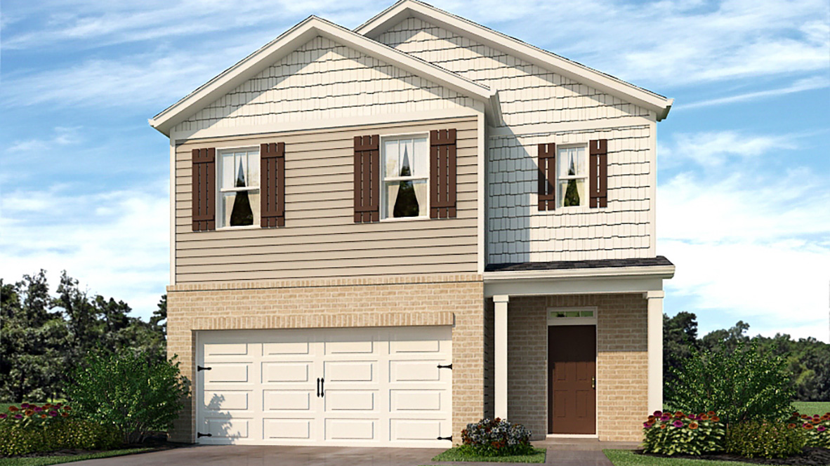 Exterior white two-story home with stone detailing