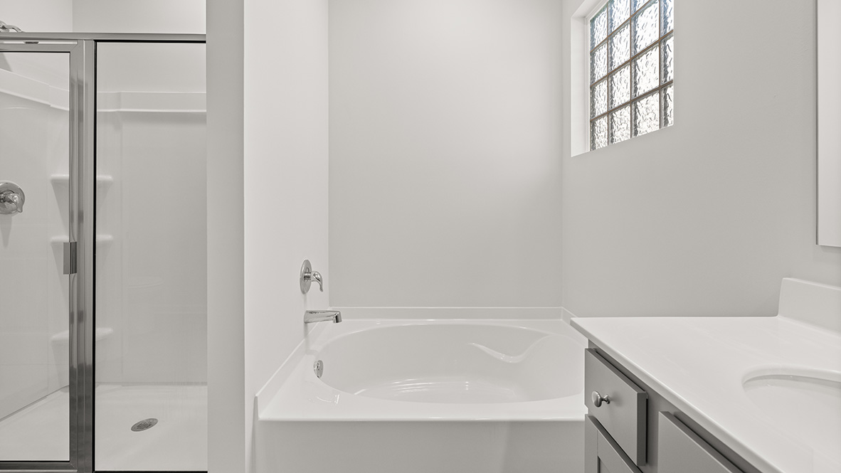 Interior primary bathroom with shower and bath tub