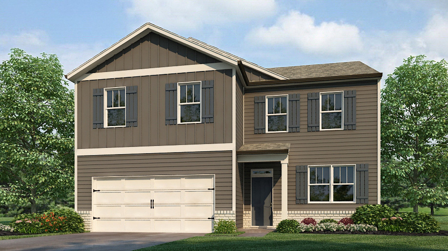 Exterior two-story home with stone detailing