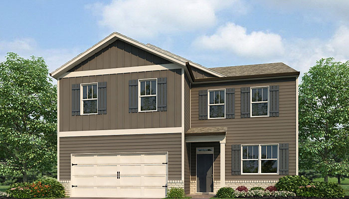 Exterior two-story home with stone detailing