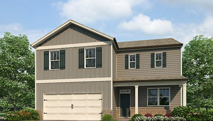 Exterior two-story home with stone detailing