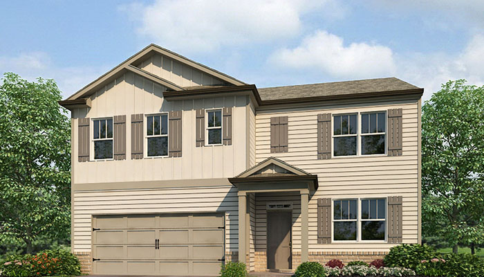 Exterior two-story home with stone detailing