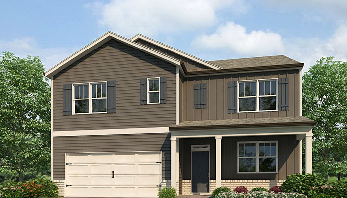 Exterior two-story home with stone detailing