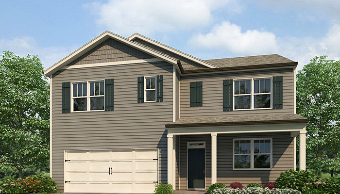 Exterior two-story home with stone detailing