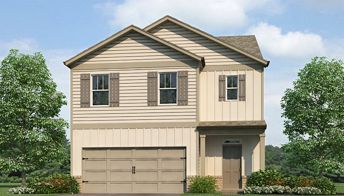 Exterior two-story home with stone detailing