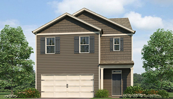 Exterior two-story home with stone detailing