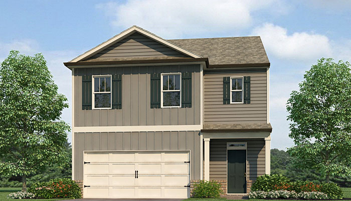 Exterior two-story home with stone detailing