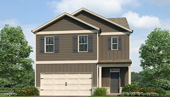 Exterior two-story home with stone detailing