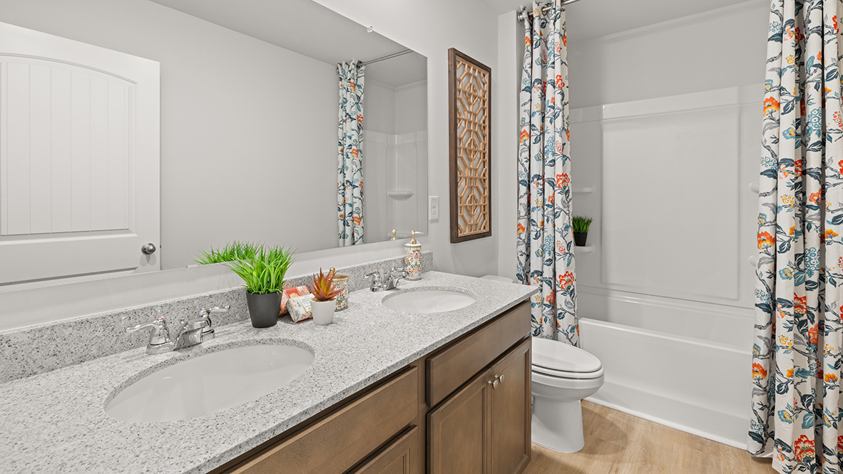 Interior bathroom with double sink and full-sized shower
