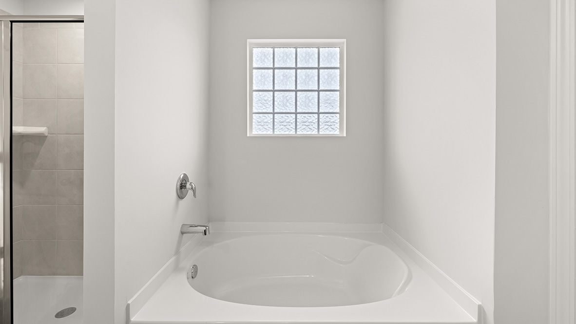 Interior primary bathroom with bath tub and shower