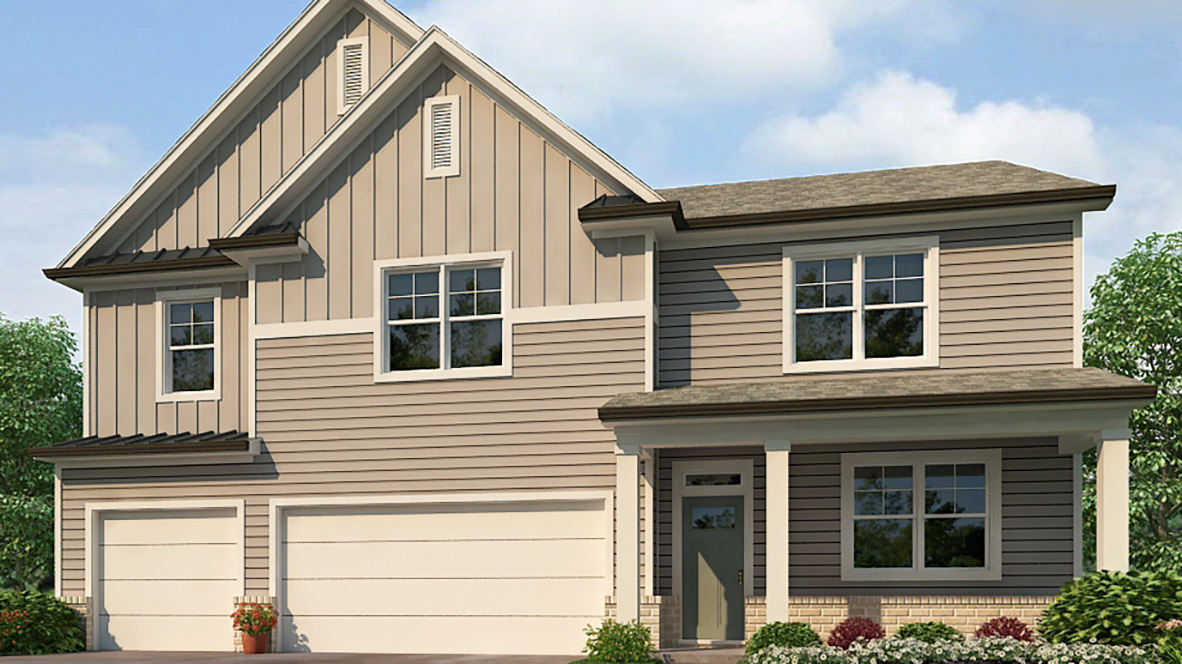 Exterior two-story home with cladding and stone detailing