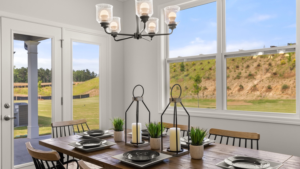 Interior dining room with large windows