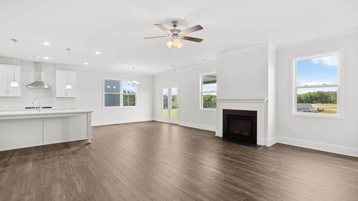 Interior living area with windows and fire place