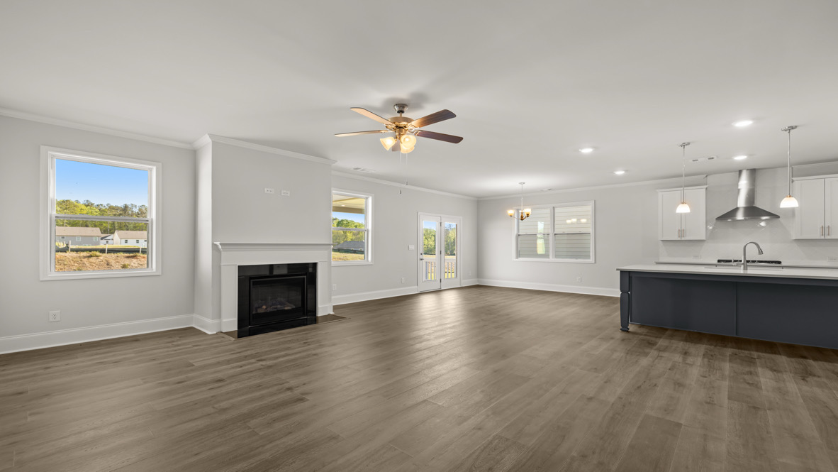 Interior living area with windows and fire place