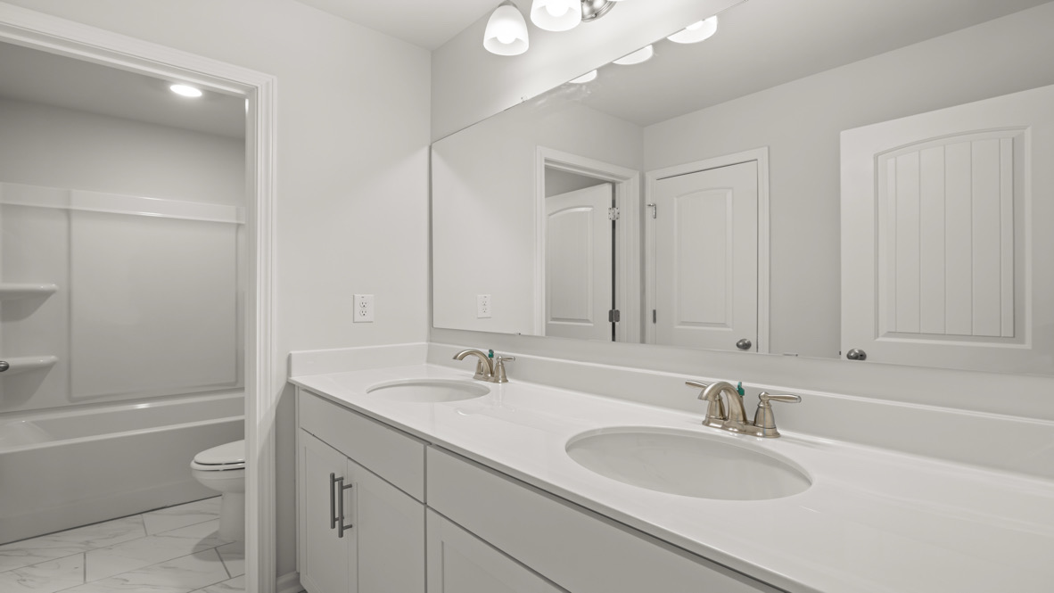 Interior bathroom with double sink and full-sized shower