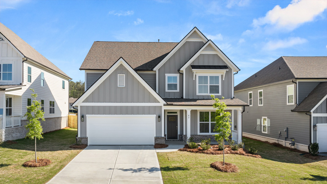 Front exterior of the Bellview floorplan at Hamptons at Riverwood East in Dallas, GA