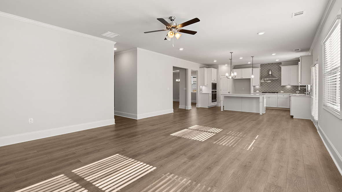 Interior living area open to kitchen with center island