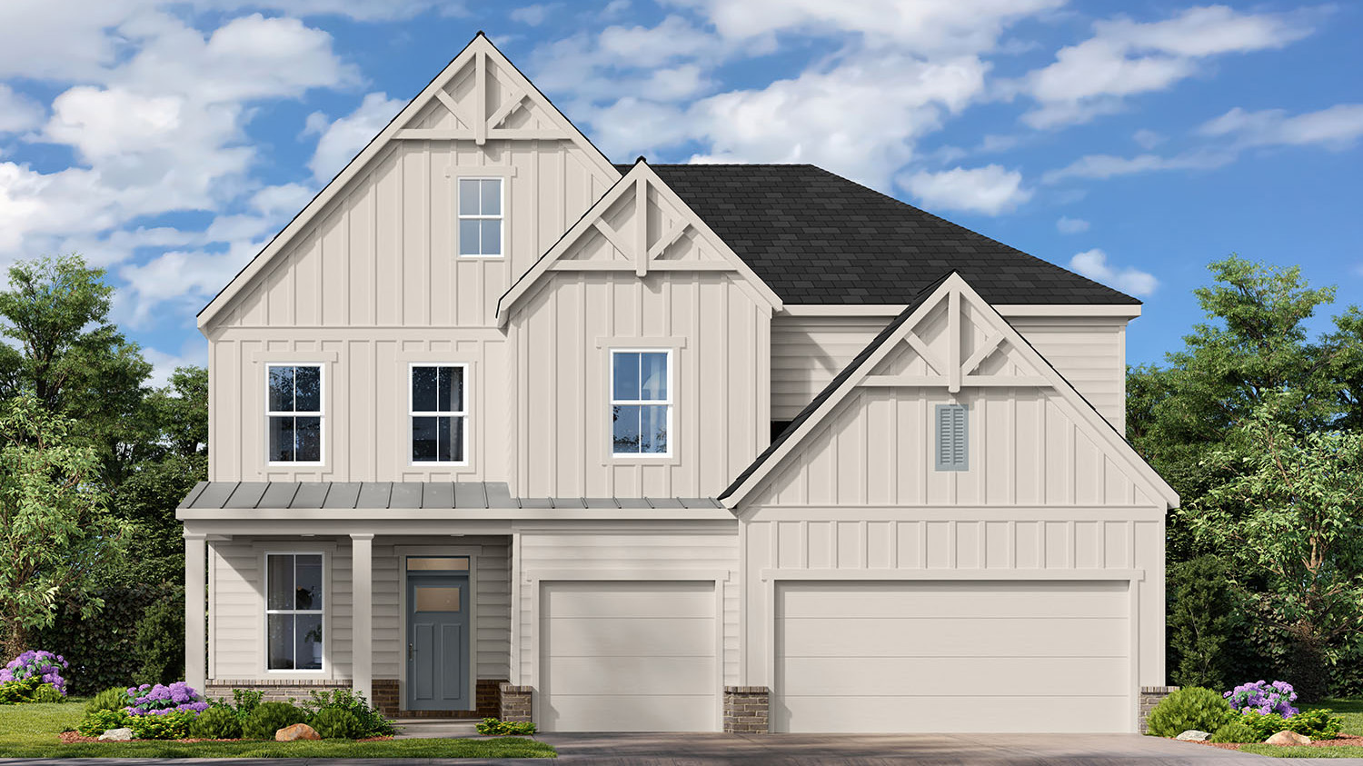 Exterior two-story home with white cladding and stone detailing