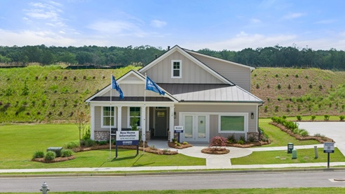 Front exterior of the Bristol model home with grey siding