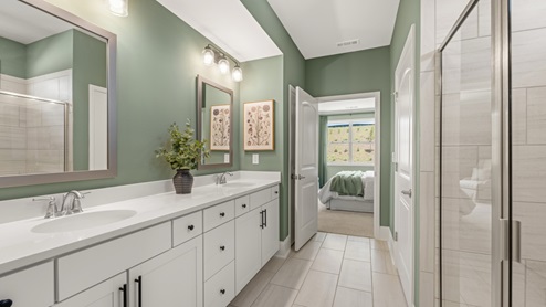 primary bedroom with green walls, dual vanity sinks and a walk in shower