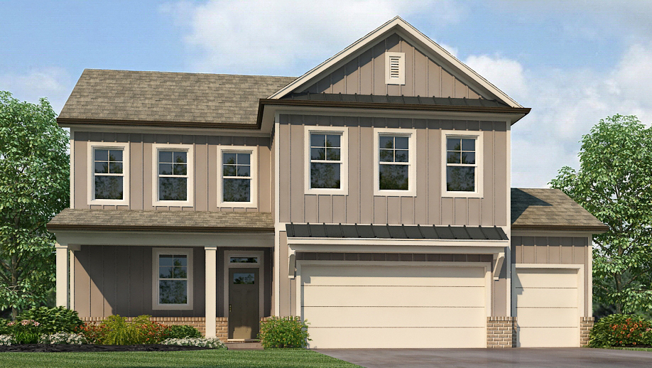 Exterior sand two-story home with cladding and stone detailing