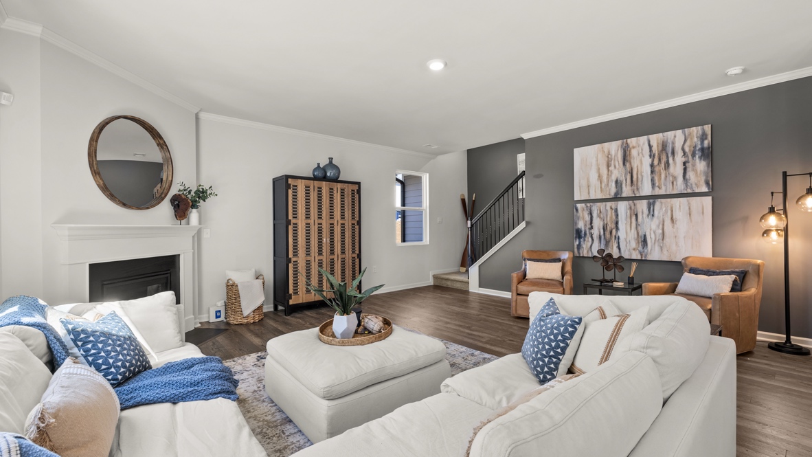 Interior living area with large windows and fire place