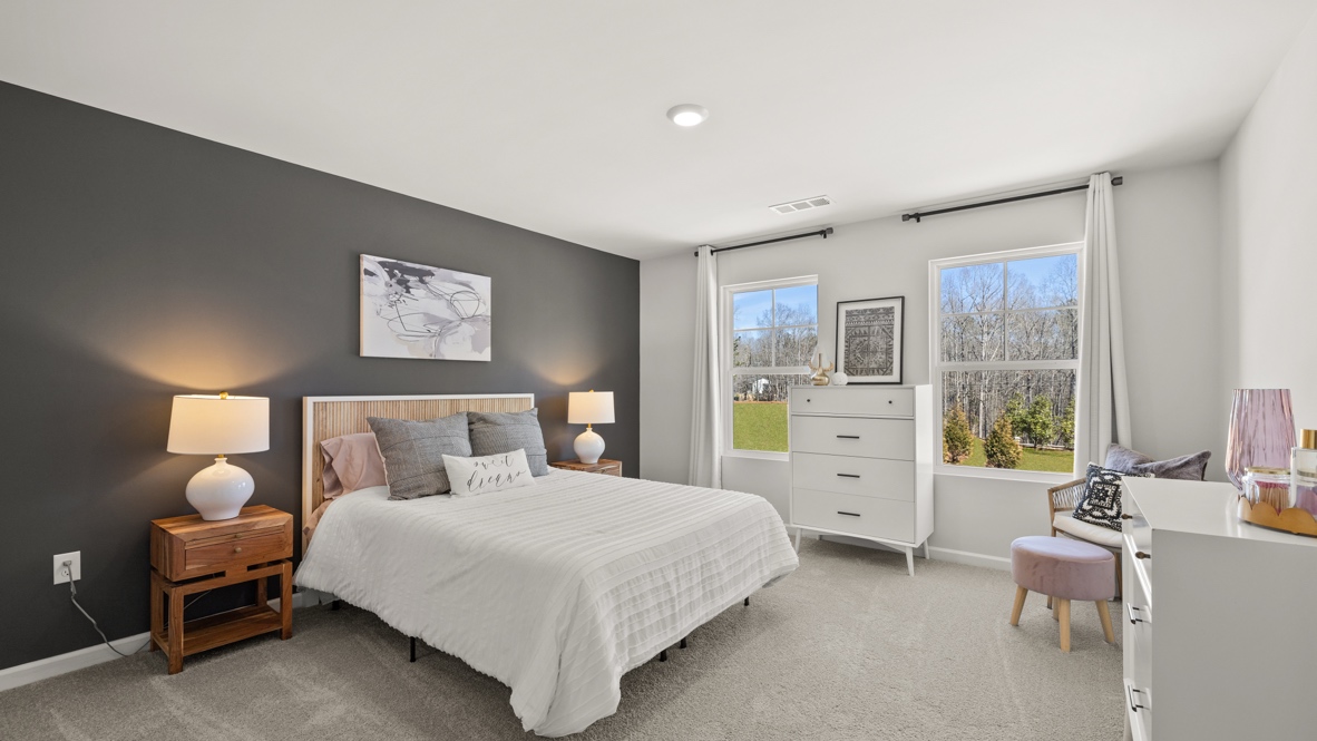 Interior bedroom with large windows and accent wall