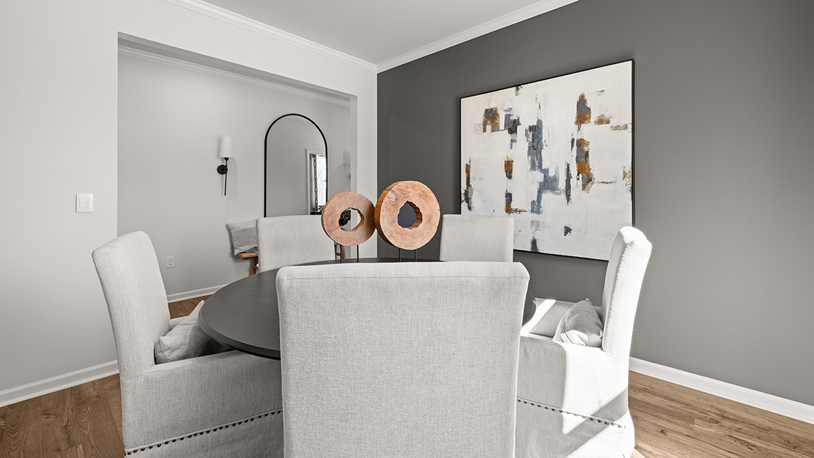 Interior dining area with a large window