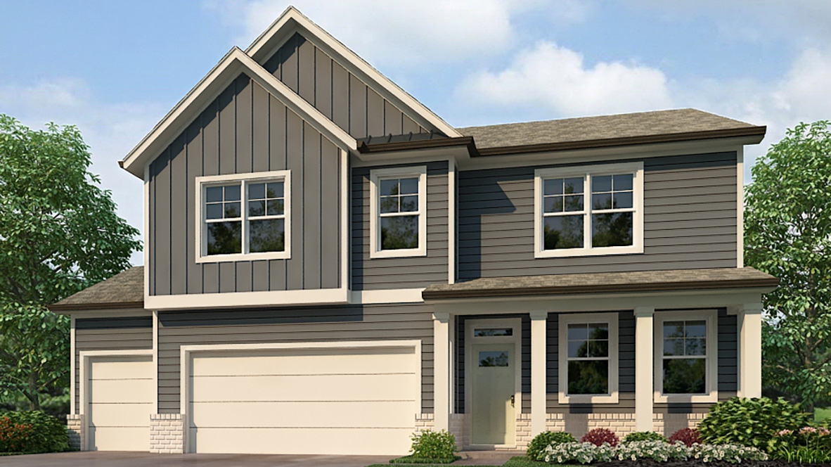 Exterior dark grey two-story home with stone detailing