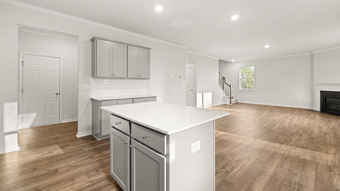 kitchen with light grey cabinetry, large island and stainless steel appliances