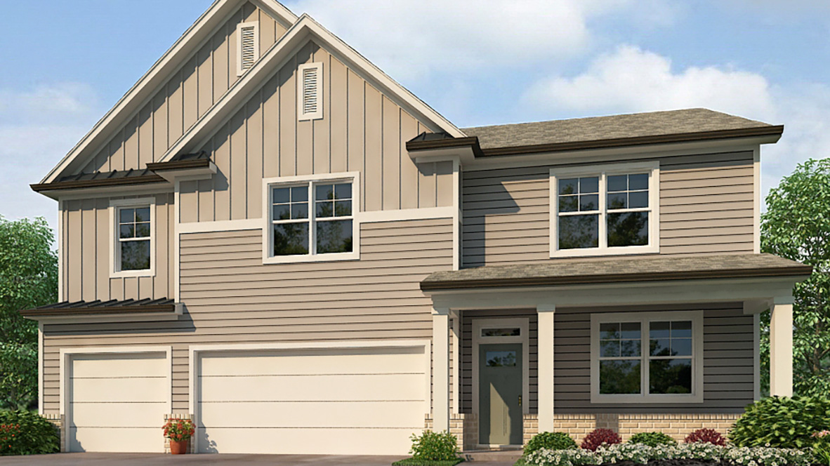 mansfield front exterior of elevation MR with three car garage at falcon landing in gainesville georgia