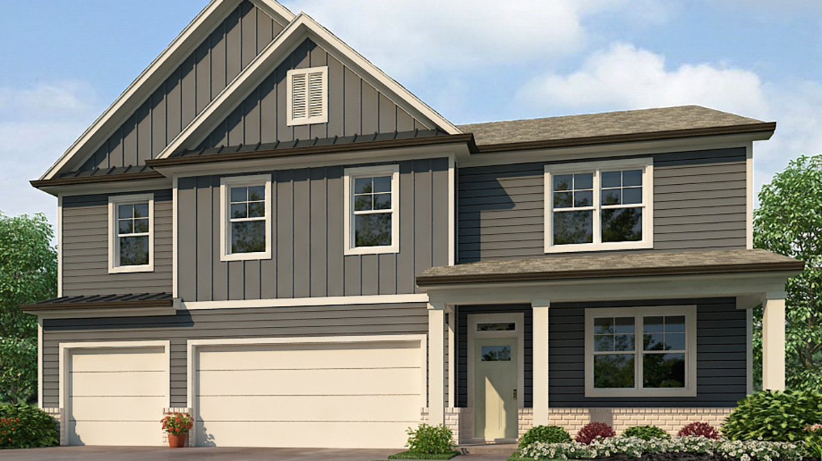 mansfield front exterior of elevation PR with three car garage at falcon landing in gainesville georgia