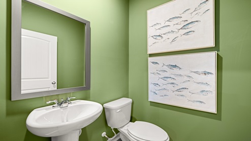 Half bath with a white pedestal sink.