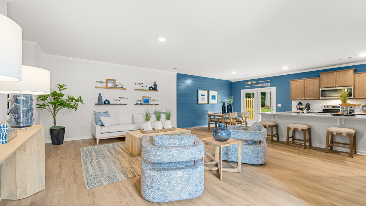 Interior living area open to kitchen with center island