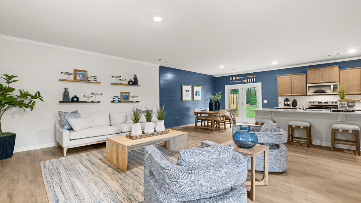 Interior living area open to kitchen with center island