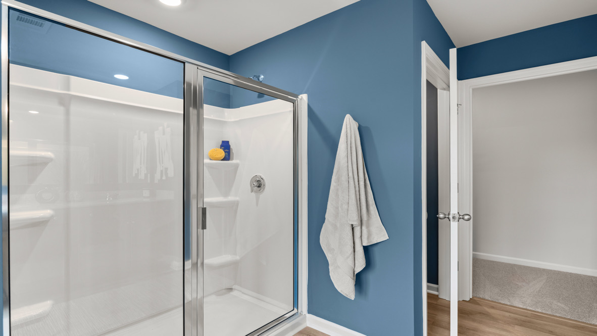 Interior primary bathroom with shower and walk-in closet
