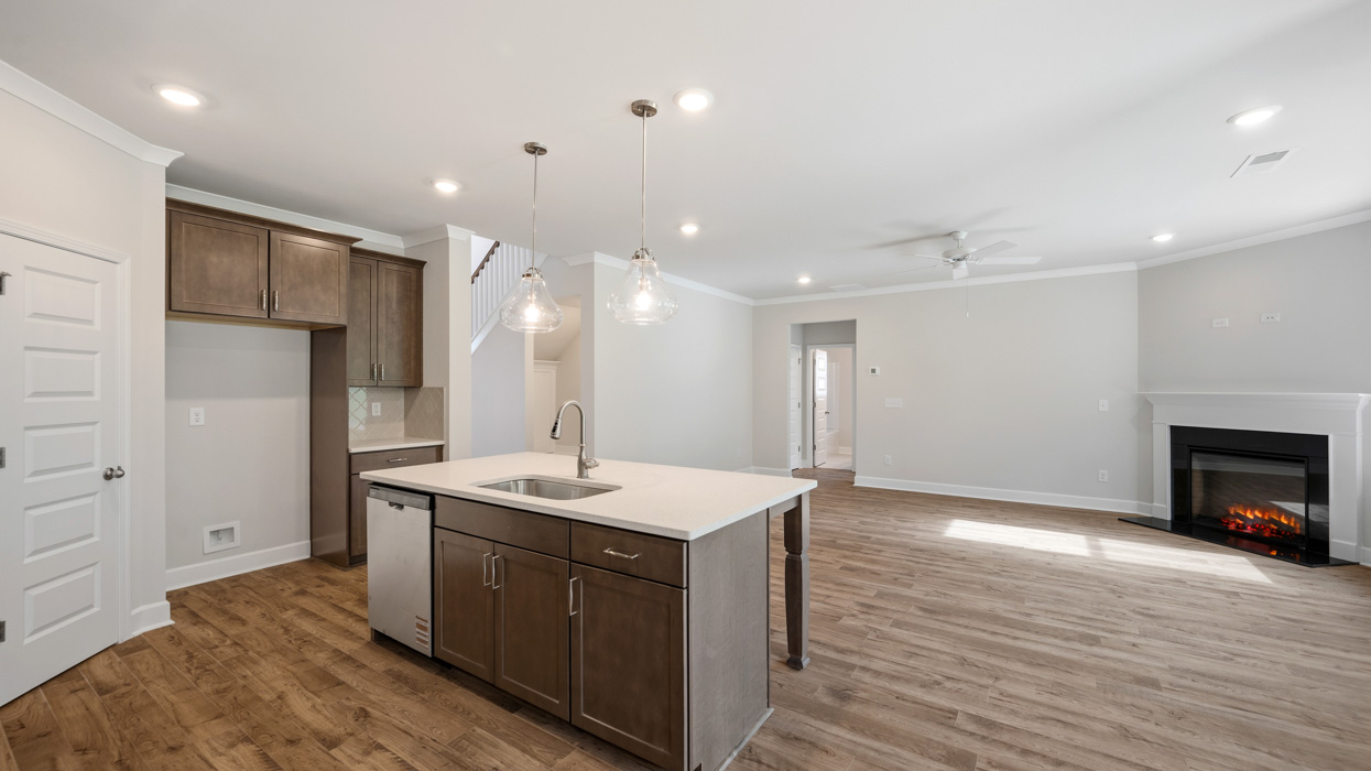 angled kitchen and living room