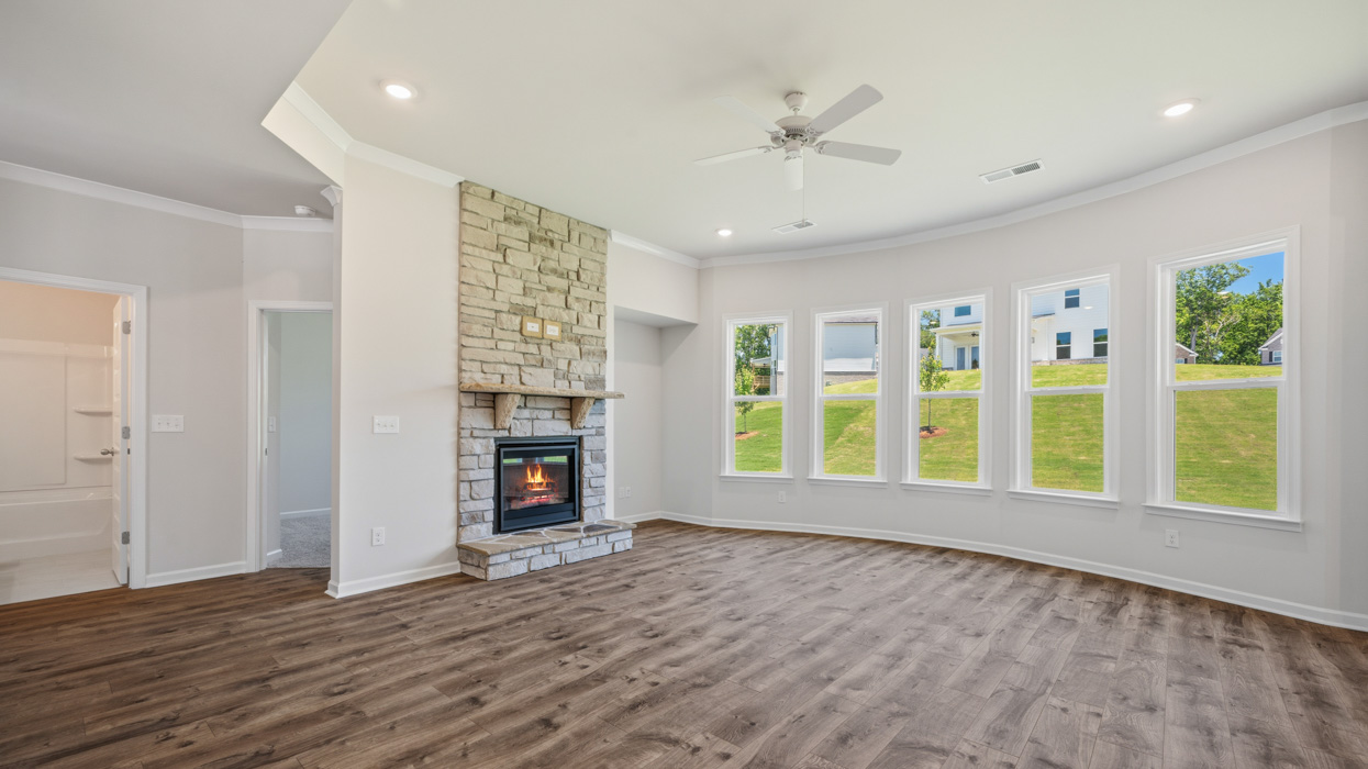 family room with fireplae
