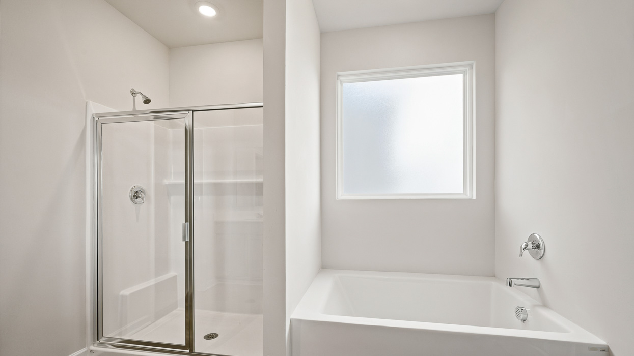 primary bathroom with walk-in shower and tub with natural light