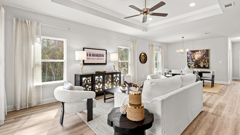 Living room with luxury vinyl plank, try ceiling and ceiling fan in Mobile, AL.