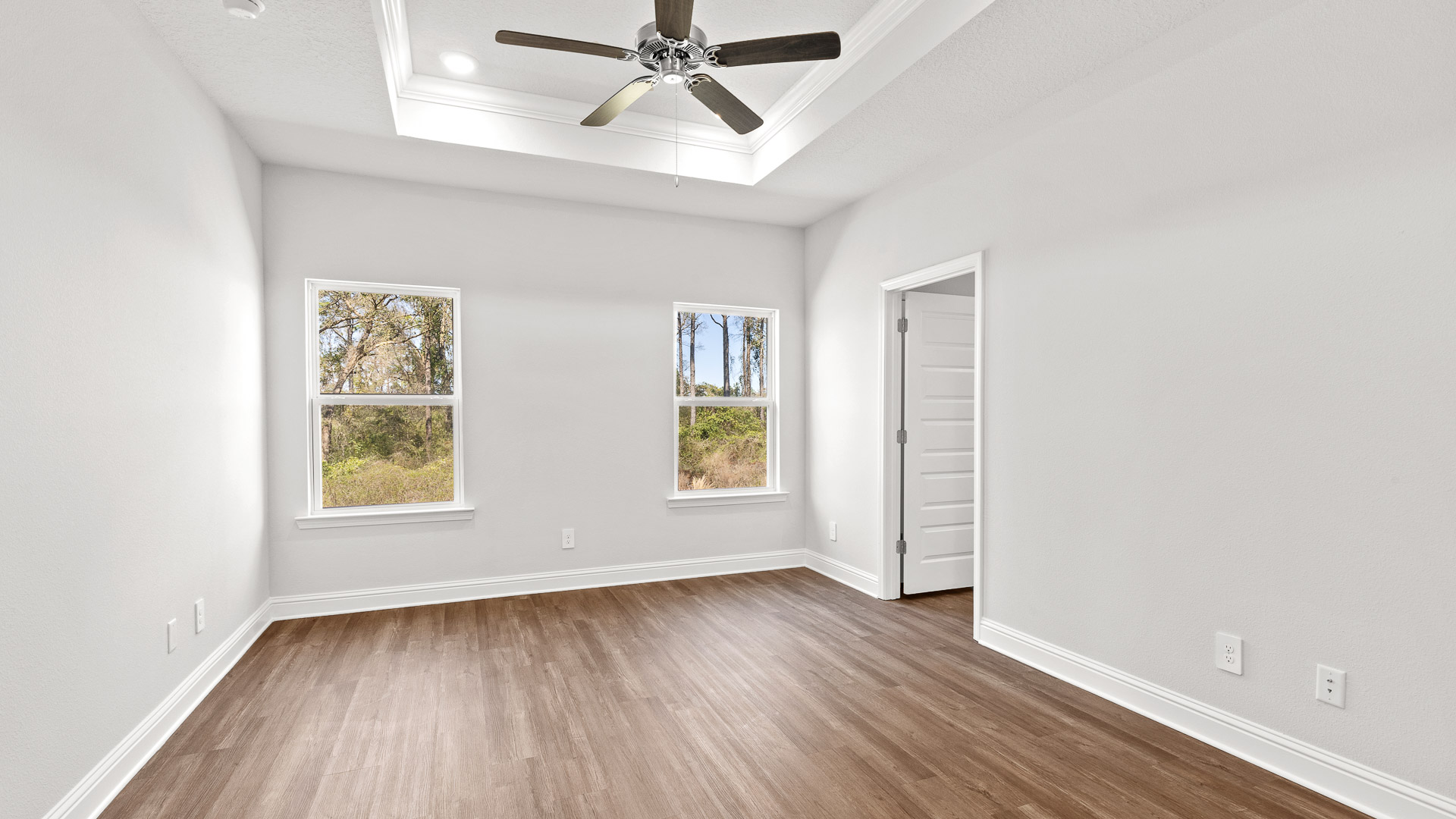 Primary retreat with trey ceiling and recessed lighting.