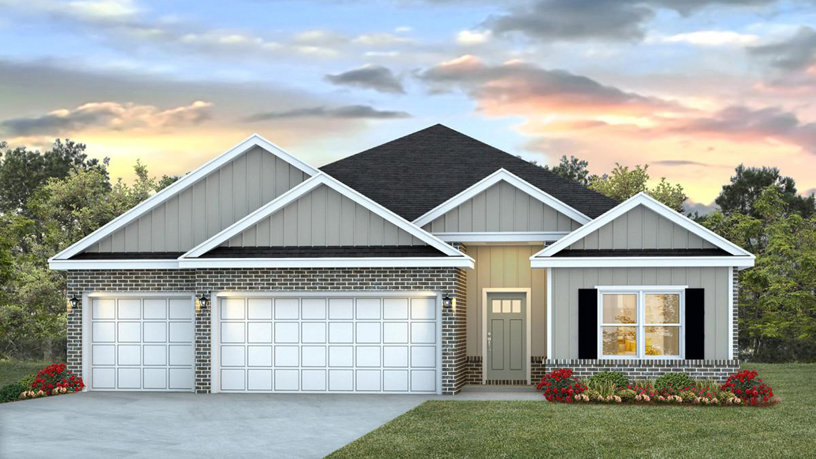 The Destin front elevation with three car garage.