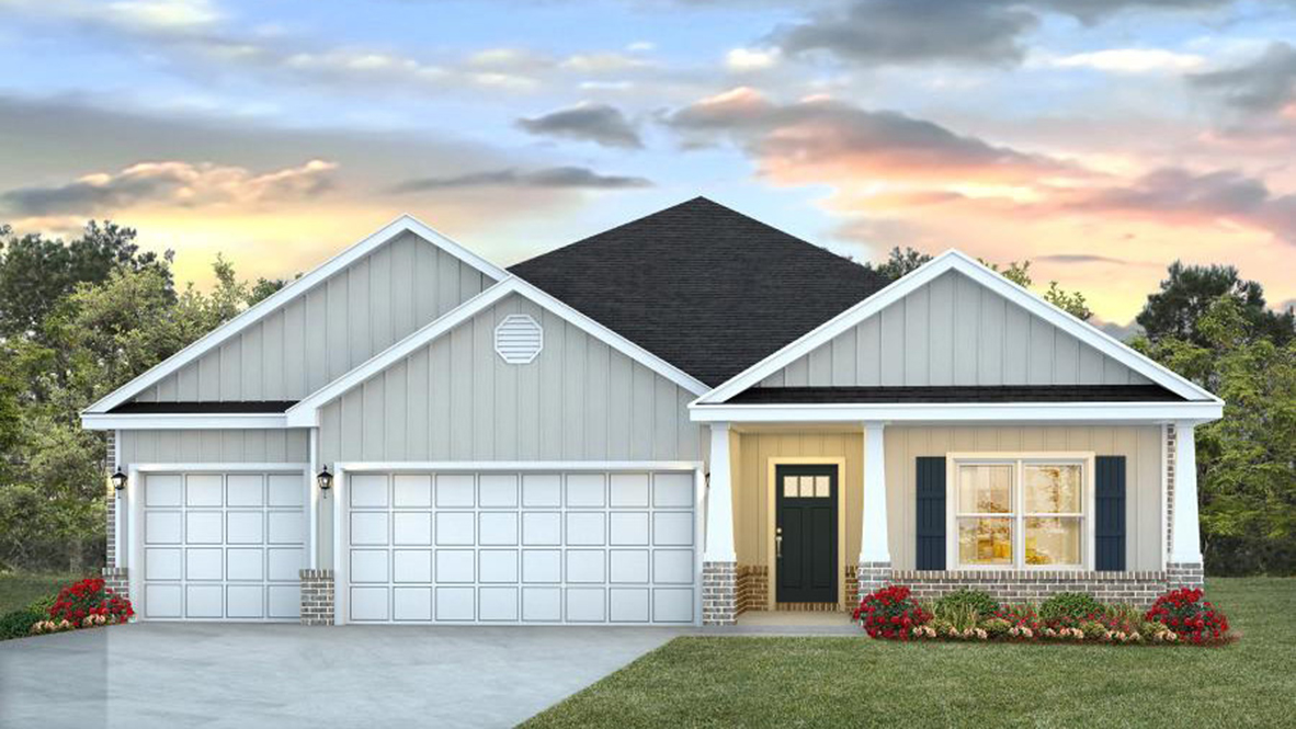 The Destin front elevation with three car garage.