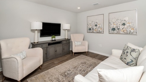 Sofa set up in the living area of the Callaway plan.
