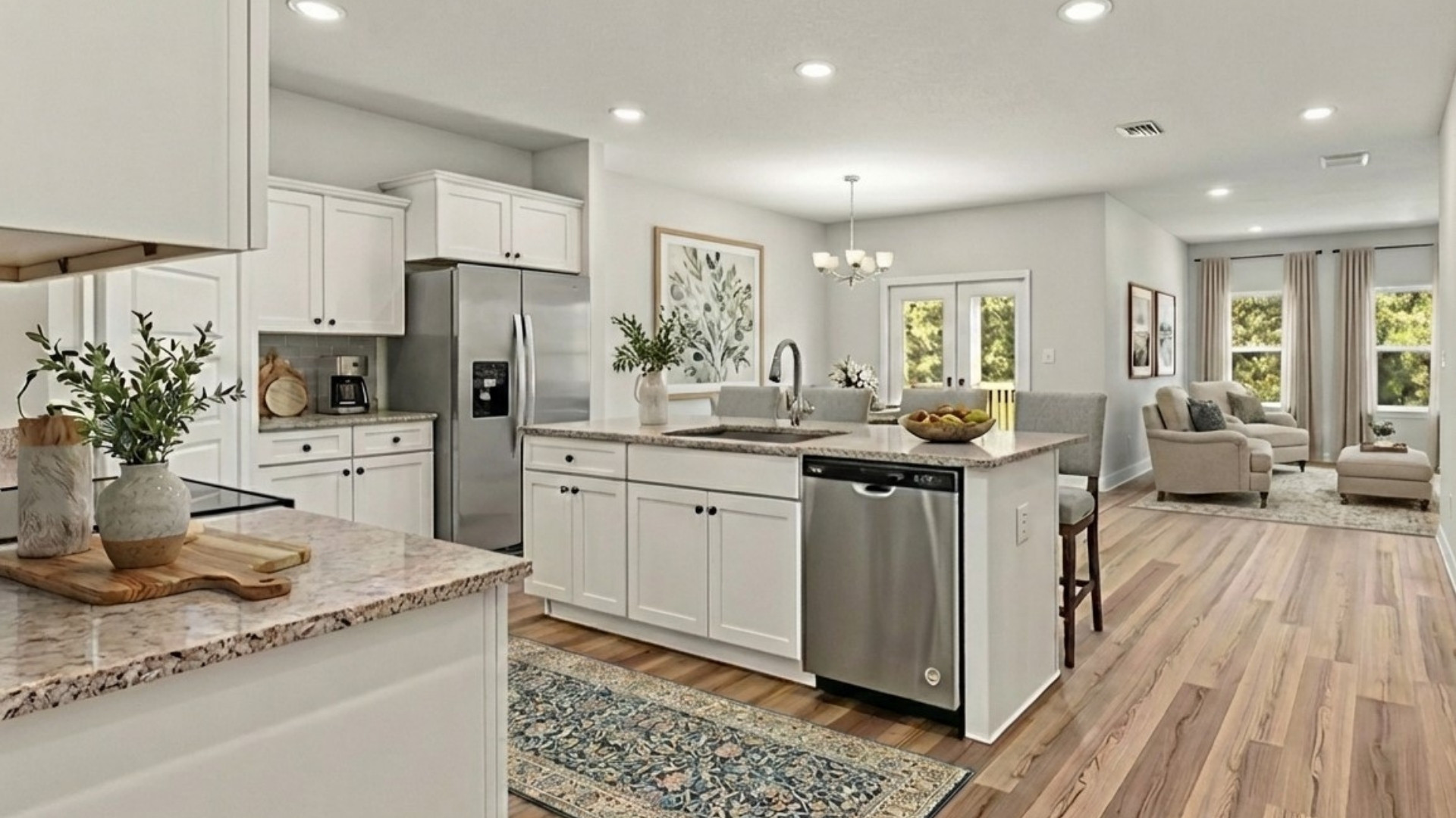 Kitchen and dining combo with white cabinets.