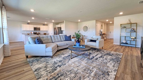 The open concept living area of Denton model home.