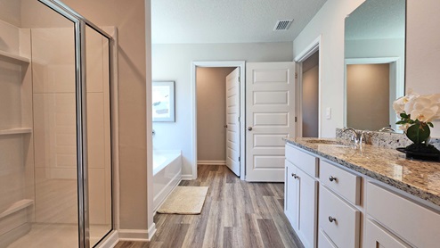 The primary bathroom of the Denton model at Rossfield.