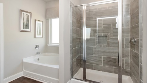 Primary bathroom inside the model home at Hamilton Ridge.