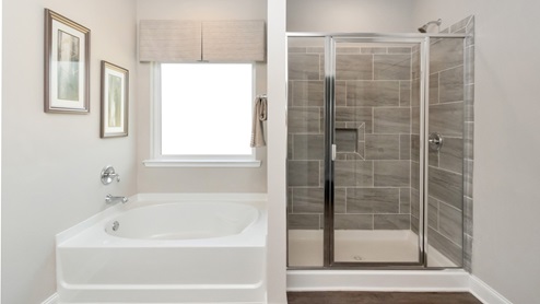 Clear view of bathtub and tiled shower inside the primary bathroom.